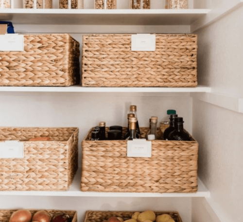In the kitchen, decorate with baskets to create chic organization.