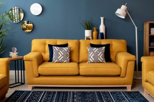 Mustard yellow in the living room can add warmth.