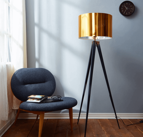 A floor lamp and chair in a home.