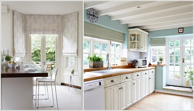Blinds and drapes in the kitchen.