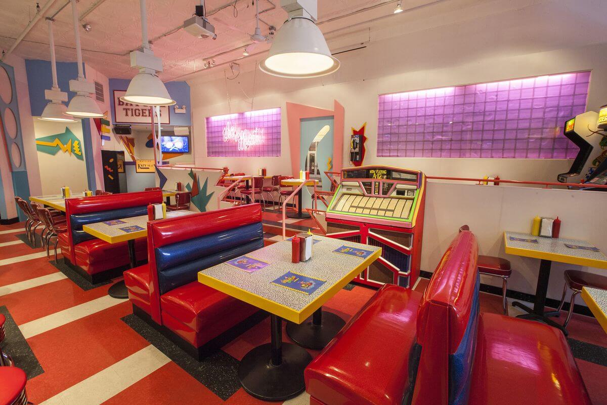 A restaurant styled in with Memphis Design.
