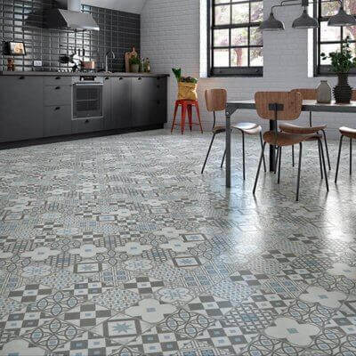 A gray kitchen with a patterned floor.