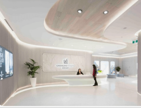 Large reception area with white curved walls