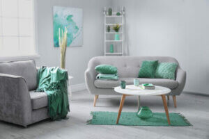 Mint green and gray living room decor.