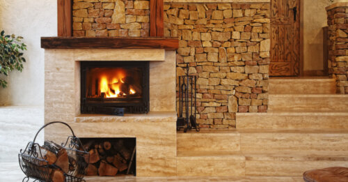 Brown stone fireplace as in a second home