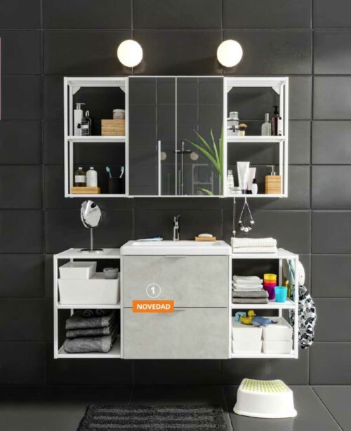 A bathroom with a lot of shelves.