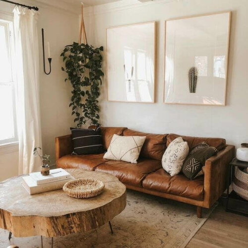 A brown colored couch in a living room.