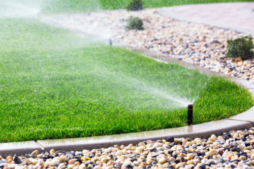 A lawn watering system in action.