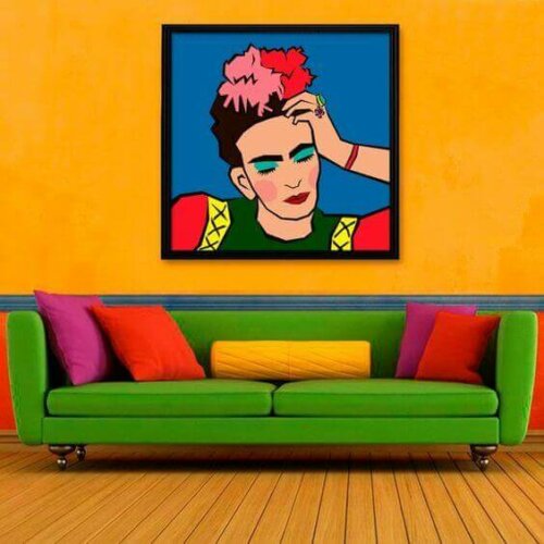 A living room and painting with a lot of color dissonance.