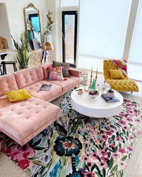 A living room with very bright colors.