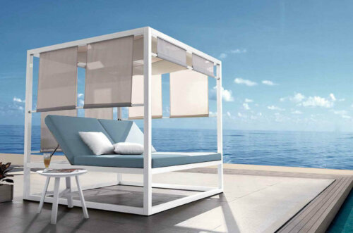A modern lounge spot beside the ocean.