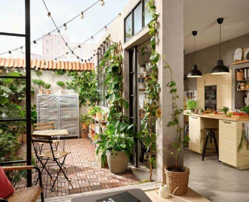 A patio and an open kitchen with a lot of plants.