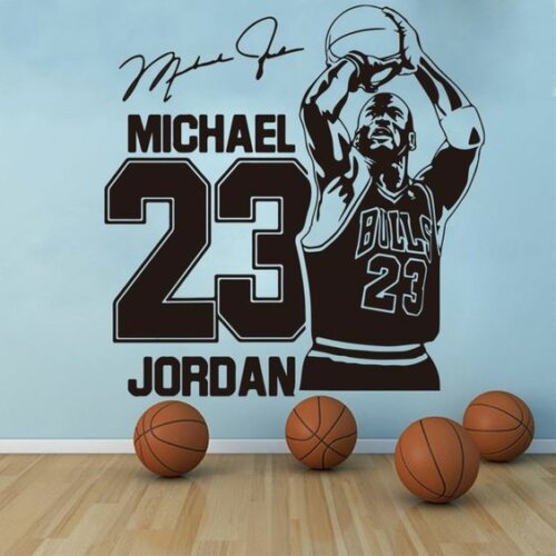 A print of Michael Jordan on a wall.