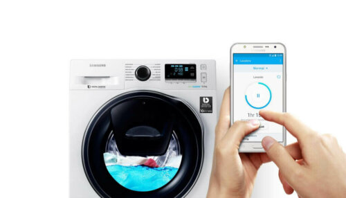 An example of technology and eco-efficiency through a phone controlling a washing machine.