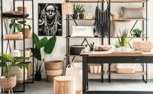Some shelves with decor items.