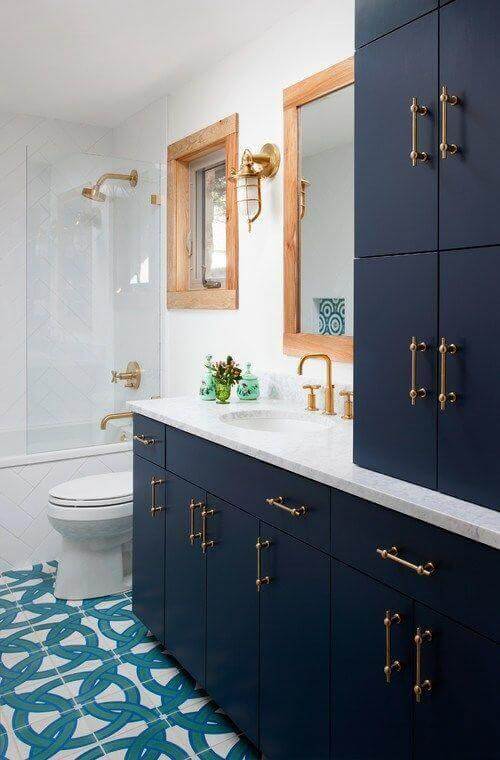 A bathroom with the color indigo.
