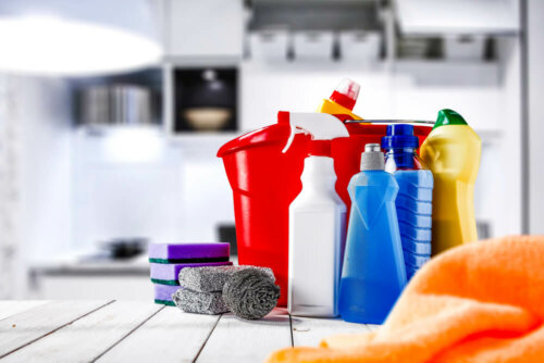 Various bottles of cleanng substances to disinfect your home