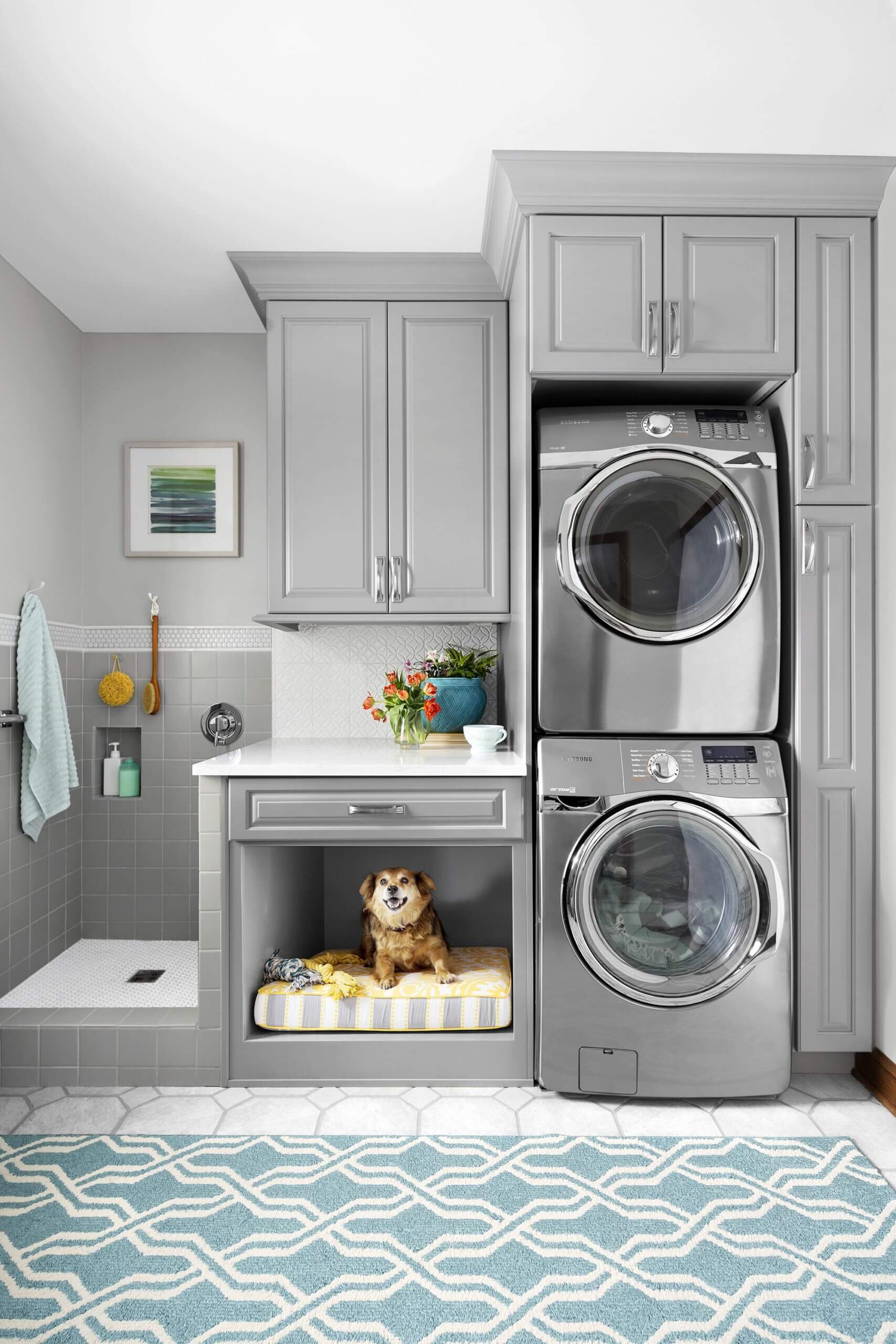 A practical laundry room in the bathroom.