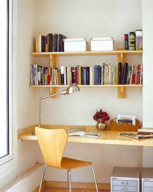 A study area with shelves and a desk.