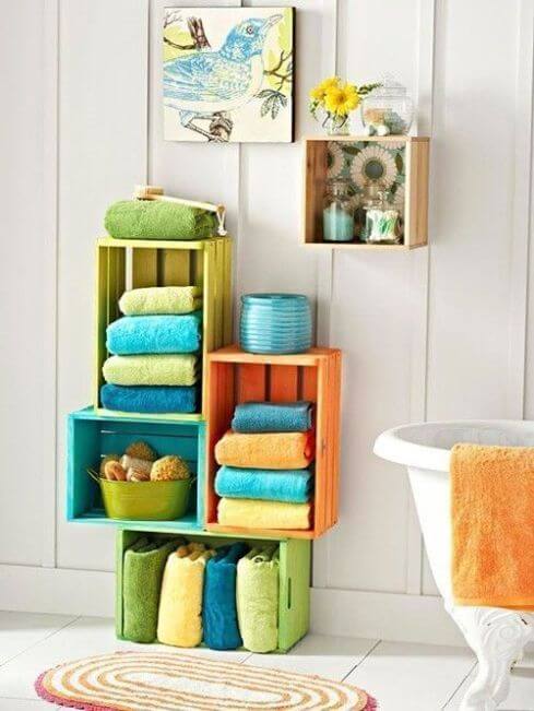 Colorful shelves in a bathroom.