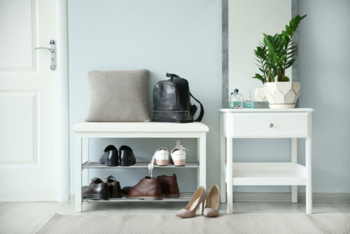 A shoerack in a room.