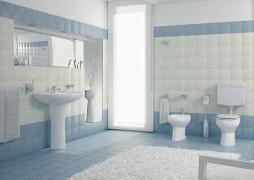 A sky blue bathroom.