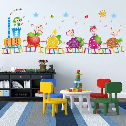 A train vinyl on the wall.
