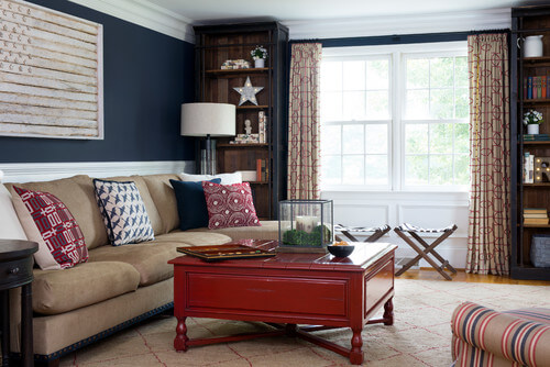 Americana style living room using red, white and blue.