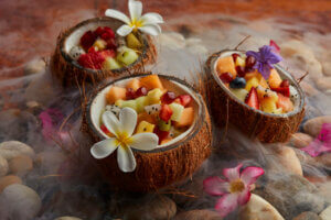 Hawaiian fruits in coconut cups