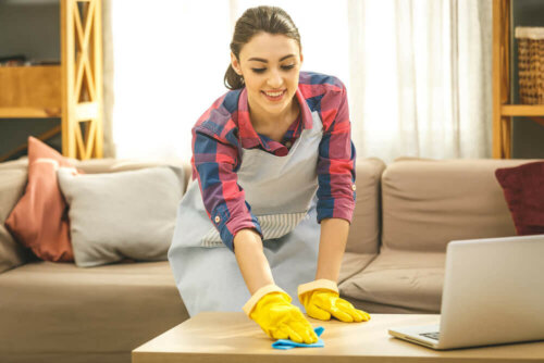A woman cleaning her house.