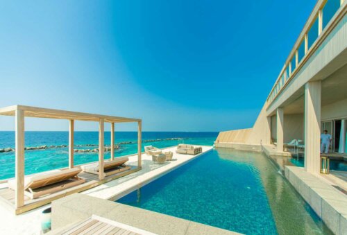 A pool with an ocean view.