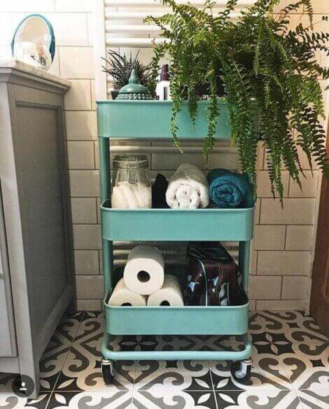Stacked storage bins in the bathroom