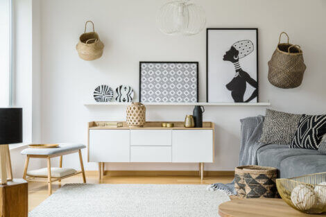 a well organized room with white wall