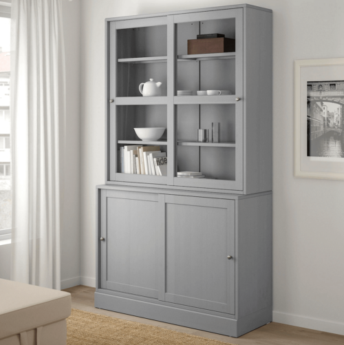 A gray display case in a room.