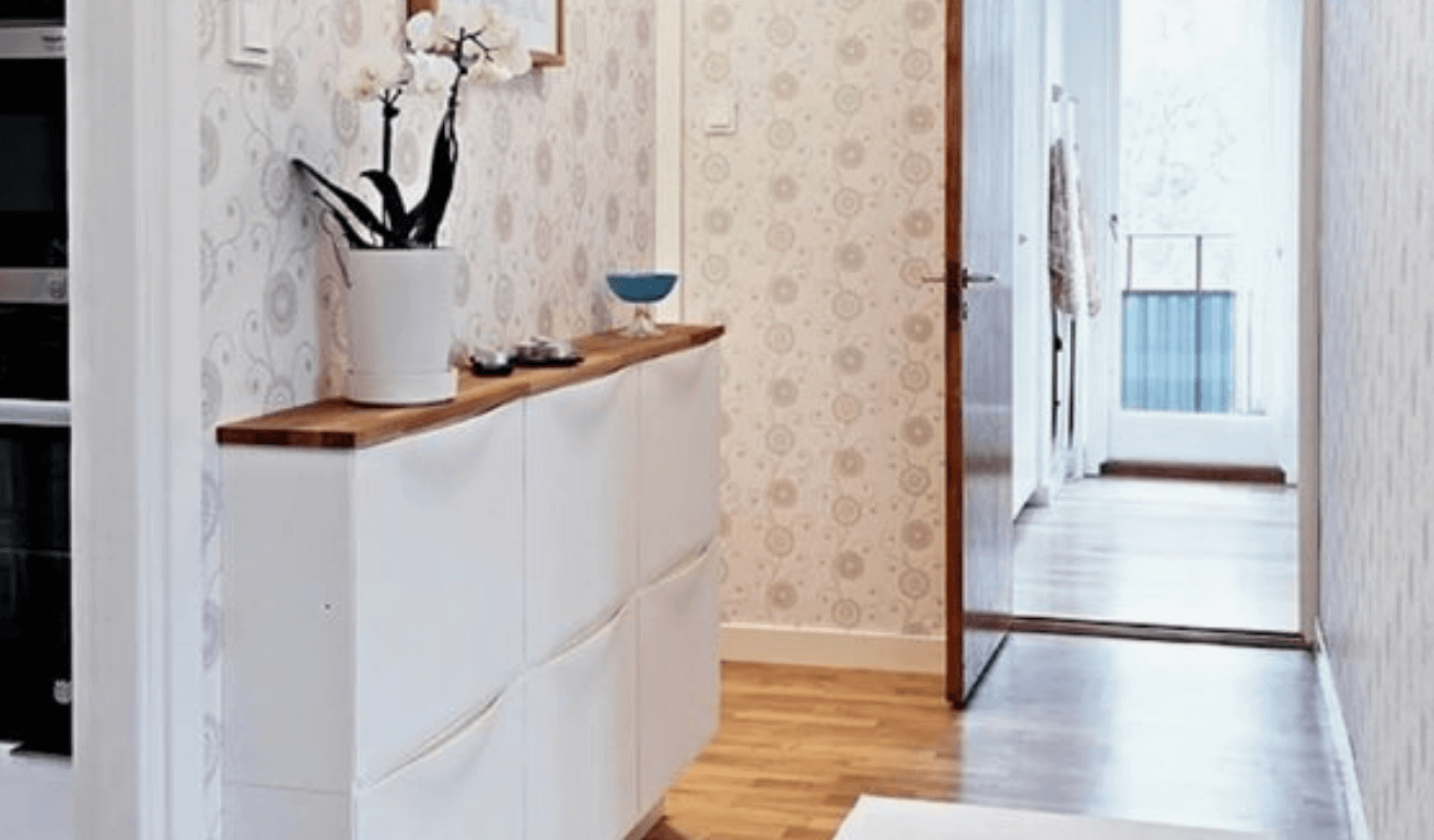 A hall with a cabinet