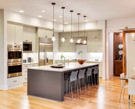 An open kitchen with bright lights