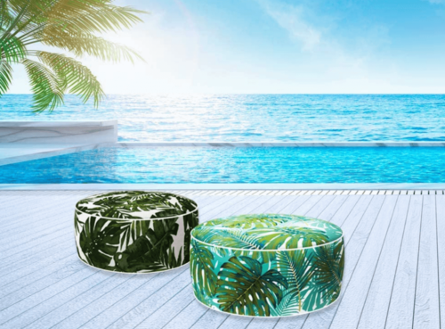 Poufs with tropical prints.
