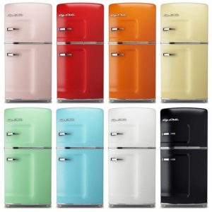Several refrigerators in various bright colors. Are they retro, vintage, antique?