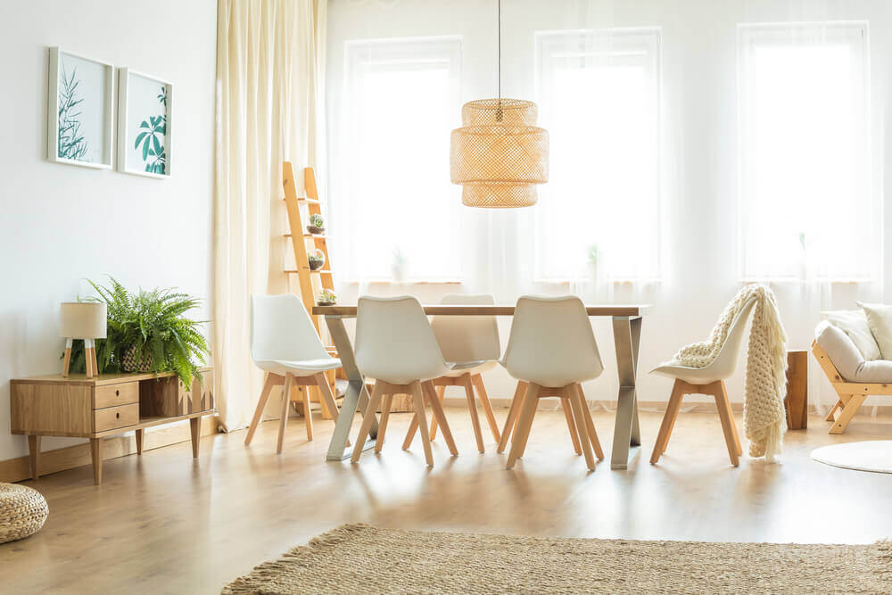 A dining room with bright colors.