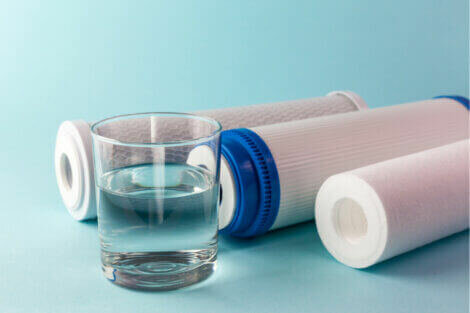 Glass of water with water filters
