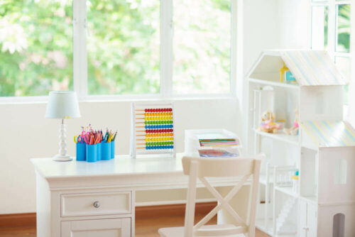 A white study space for children.