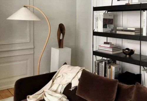 A brown couch with some shelves behind it.