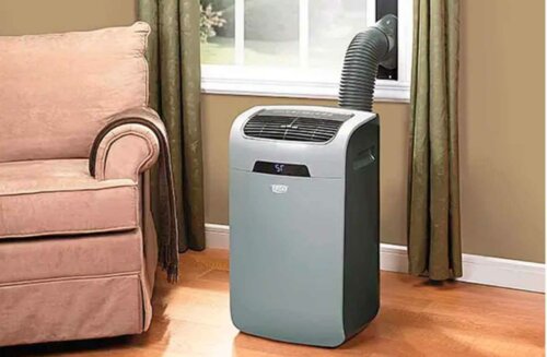 A portable air conditioner in a living room.