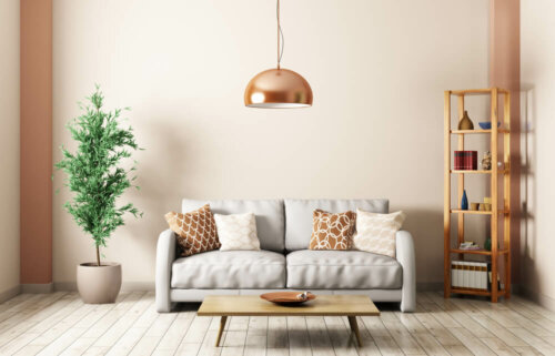 A simple living room with a lamp.