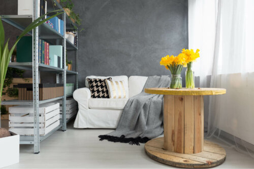 A small living room with a wooden table.
