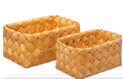 Two squared woven baskets.