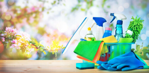 Cleaning products near a window.