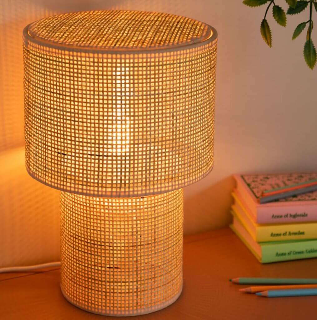 A rattan table lamp.