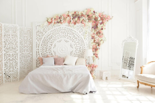 A white and pink bedroom.