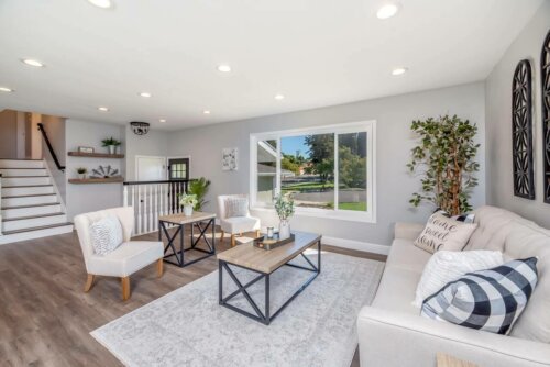 A living room in a split level house.